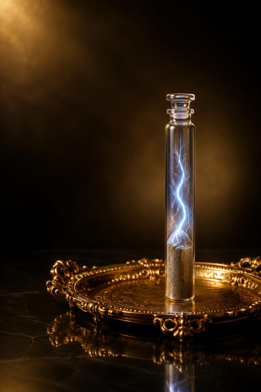 The Furthering Conjure Particles — a glass vial holding ground fulgurite with the bolt contained inside it, standing on a golden tray