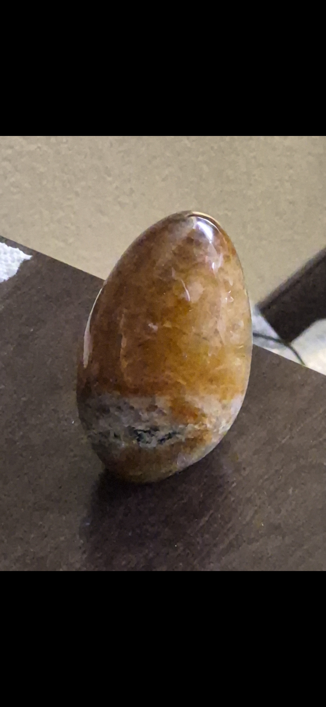 A polished egg shaped specimen, amber and grey