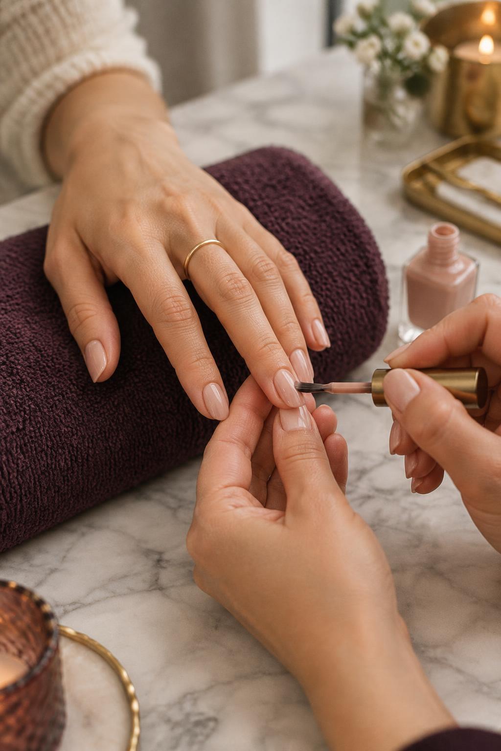 Nude polish, mid-manicure