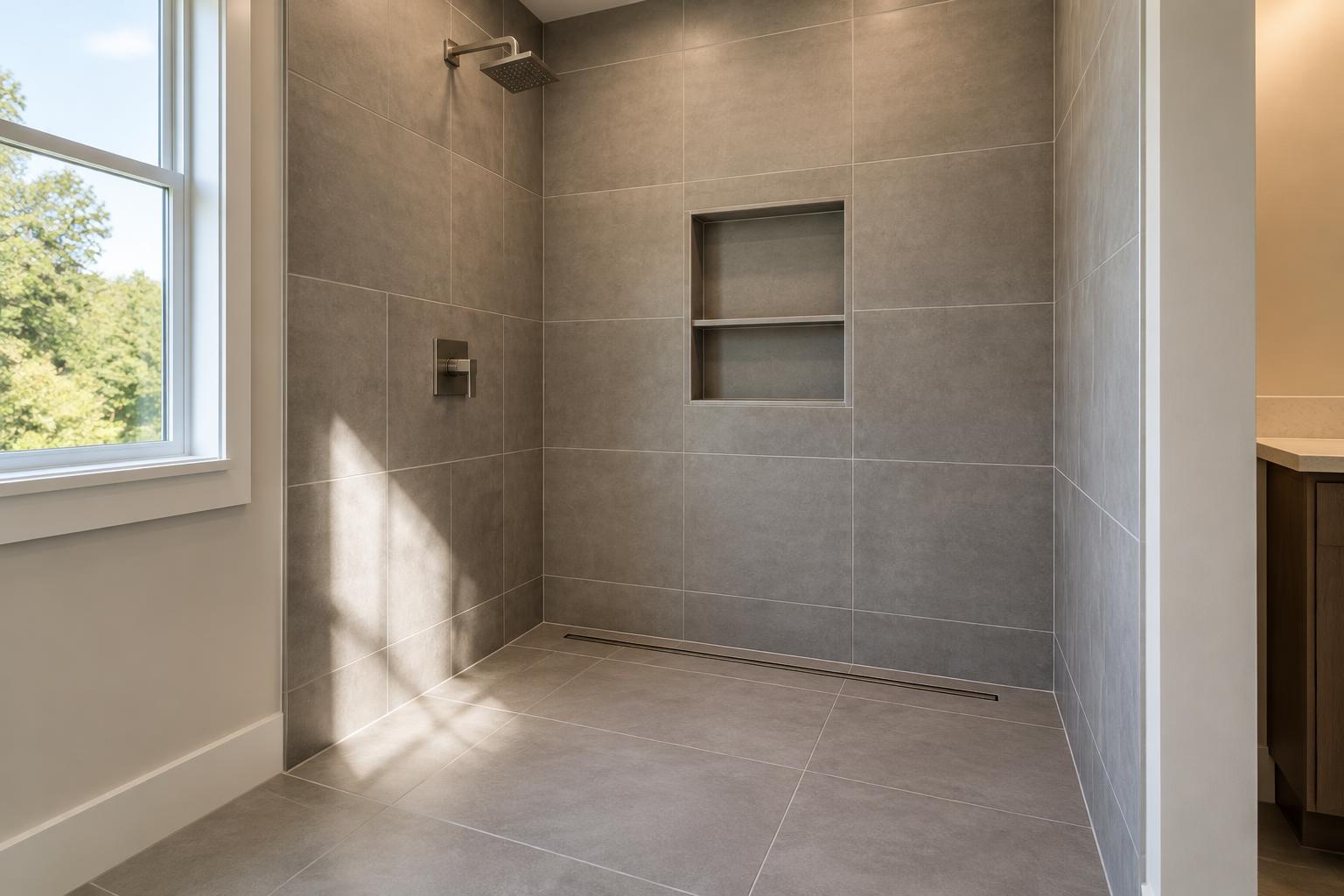 Walk-in shower in large-format tile